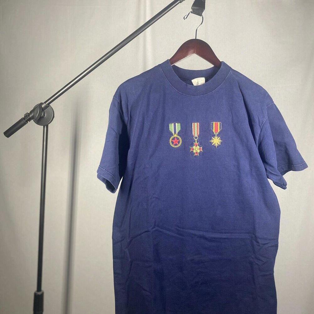 Vintage 1990s Indigo Blue Embroidered Military Medal T-Shirt